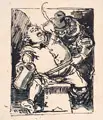 Otto Seitz, Rauferei im Trinklokal, 1888, Federzeichnung in Tusche, laviert, partiell grau-grün koloriert sowie verso mit einem Brief in Sütterlin