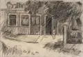 Albert Wigand, Gasthof in Zaschendorf (bei Dresden), Wohl 1940, Kohlestiftzeichnung, gewischt, auf bräunlichem Karton
