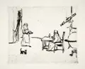 Arno Mohr, Galileo Galilei / Bertolt Brecht am See, 1983, Kaltnadelradierungen mit Plattenton auf Bütten