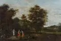 Jacques d'Arthois, Nördliche niederländische Schule, Frauen am Brunnen in arkadischer Landschaft. Spätes 17. Jh./Frühes 18. Jh, Öl auf Eichenholz, aus vier horizontal verlaufenden Tafeln gefügt, verso mit späterer Parkettierung