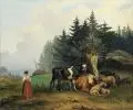 Adolf Friedrich, Hirtin mit ihrer ruhenden Herde. 1850er Jahre, Öl auf Leinwand