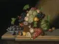 Georg Seitz, Früchtestillleben mit Weintrauben, Plfaumen und Kürbis. Wohl 1860er Jahre, Öl auf Leinwand