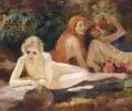 Paul Barthel, Drei Nymphen am Waldbach. Wohl um 1910, Öl auf Sperrholz