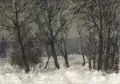 Horst Bachmann, Waldrand im Winter. Wohl 1970er/1980er Jahre, Öl auf Hartfaser, vollflächig auf eine weitere Hartfaserplatte klebemontiert und mit Keilrahmenleisten versehen, darauf verso signiert "H