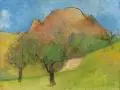 Heinrich Burkhardt, Hügelige Frühlingslandschaft. Wohl 1960er Jahre, Öl auf Malpappe