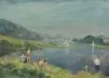 Carl Lange, Badende Kinder an der Elbe bei Königstein / Sommerliche Auenlandschaft mit spielenden Kindern. Wohl um 1950, Öl auf Malpappe / Öl auf Sperrholz