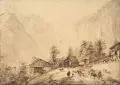 Adrian Zingg, (Werkstatt, Nachfolge), Alm mit weidendem Vieh in den Alpen. Wohl um 1800, Federzeichnung in brauner Tusche, laviert, auf Papier, vollflächig auf einen Untersatzkarton aufkaschiert