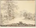 Simon Warnberger, Wäscherin am Fluss. 1. H. 19. Jh, Federzeichnung in Tusche, laviert
