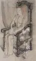Wilhelm Dodel, Bildnis einer Dresdner Kohlegrubenbesitzerin. Mitte 1930er Jahre, Kohlestift- und Rötelzeichnung über Grafit und Deckfarben auf grauem Packpapier