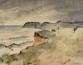 Arno Drescher, Fünf Ostseelandschaften / Flusslandschaft. Wohl 1930er Jahre, Aquarelle, über Blei und Kugelschreiber auf verschiedenen Büttenpapieren
