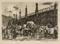 Wilhelm Giese, Berlin- Reges Treiben vor der Markhalle. Wohl 1920er Jahre, Kaltnadelradierung mit leichtem Plattenton auf festem Papier