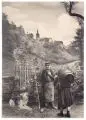 Richard Müller, Bauernpaar mit Hund in Dohna, Grafitzeichnung auf festem Karton