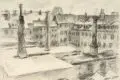 Albert Wigand, Hinterhäuser Prager Straße, Kohlestiftzeichnung, partiell gewischt, auf Zeichenkarton