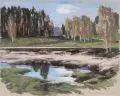 Ulrich Eisenfeld, Frühling in Furudals Bruk (Mittelschweden), 2000, Farbige Pastellkreidezeichnung auf gräulichem Karton