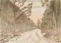 Fritz Tröger, Heideweg im Winter, Federzeichnung in brauner Tusche und farbige Pastellkreide auf dünnem Karton