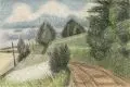 Fritz Tröger, Sommerlandschaft mit Feldweg, 1969, Farbige Kreidezeichnung auf leichtem Karton
