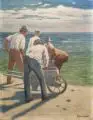 Ernst Oskar Simonson-Castelli, Männer mit Handkarren am Meeresstrand, Um 1900, Öl auf Leinwand