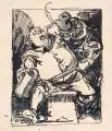 Otto Seitz, Rauferei im Trinklokal, 1888, Federzeichnung in Tusche, laviert, partiell grau-grün koloriert sowie verso mit einem Brief in Sütterlin