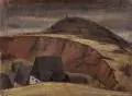 Wolfgang Kühne, Blick auf die Altenberger Pinge mit Geisingberg, 1997, Farbige Pastellkreidezeichnung und Aquarell auf Karton