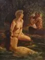 George Majewicz, (zugeschr.), Nymphen und Faun an einer Waldquelle. Wohl 1920er Jahre, Öl auf Hartfaser