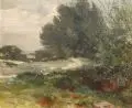 Arno Drescher, Landschaft mit Weidenbusch bei Leipzig. Wohl frühe 1950er Jahre, Öl auf Malpappe
