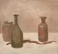 Herbert Naumann, Stillleben mit drei Flaschen, 1986, Öl auf Hartfaser