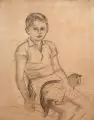 Kurt Schuster, Nachbarsjunge mit Katze / Schlafendes Mädchen / Zwei weibliche Akte / Hockender weiblicher Akt, Um 1950, Grafitzeichnungen, Kohle-, Pinsel- und Federzeichnungen auf bräunlichen Papieren