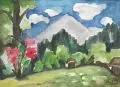 Elisabeth (Ela) Werner, Sommertag vor Bergpanorama, 1991, Aquarell auf leichtem Karton