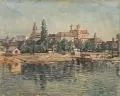 Richard Dreher, Litomerice (Leitmeritz) – Blick auf das Alte Rathaus und das Jesuitenkolleg, 1928, Öl auf Leinwand