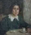 Alfred Schmidt, Junge Frau beim Kaffee, Um 1920, Öl auf Rupfen