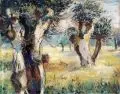 Alexander Szpinger, Kopfweiden im Weimarer Land, Wohl 1940, Farbige Pastellkreidezeichnung auf blaugrauem Maschinenbütten, unfixiert
