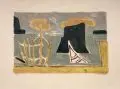 Ulrich Knispel, Abstrakte Strandszene, 1956, Farbholzschnitt, koloriert, auf glattem, bräunlichen Papier