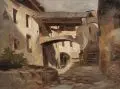 Adolph Heinrich Lier, Wirtshaus in Polling, Öl auf Papier, vollflächig auf Malpappe aufkaschiert