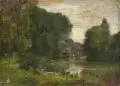 August Voigt-Fölger, Sommerlandschaft am Wasser. Wohl Spätes 19. Jh, Öl auf Holz