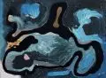 Erhard Hippold, Komposition in Blau. 1970er Jahre, Öl und Lackfarbe auf Hartfaserplatte, auf Spanplatte montiert