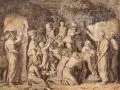 Giulio Bonasone, Mose befiehlt den Israeliten, das Manna zu sammeln, 1546, Kupferstich auf Bütten nach Parmigianino