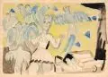 Charles Crodel, Frau mit Papageien, Aquarell über Bleistift auf chamoisfarbenem Papier