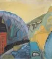 Jürgen Gäbler, Dresdner Landschaftscapriccio mit Loschwitzer Brauerei, Standseilbahn und Omnibus. Wohl 1980er Jahre, Gouache und Kohlestift auf leichtem, braunen Karton
