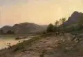 Carl Wilhelm Müller, Abendliche Flusslandschaft mit Gänsehirten (Sächsisch-Böhmische Schweiz?), Um 1887, Öl auf Leinwand