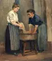 Rudolf Gudden, Zwei Wäscherinnen am Zuber. Wohl Frühes 20. Jh, Öl auf Malpappe