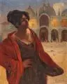 Rudolf Jelínek, Dame in Rot vor der Basilica di San Marco, Venedig, Um 1920, Öl auf Leinwand