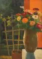 Richard Sander, Stillleben mit Zinnien und Passionsblume, 1934, Öl auf Leinwand