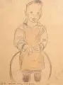 Tina Bauer-Pezellen, Junge mit Reifen und rosa Schürze, 1934, Grafitzeichnung, aquarelliert, auf bräunlichem Papier, auf Karton montiert
