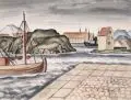 Irma Lang-Scheer, Herbstliche Landschaft / Hafenansicht. Ohne Jahr/1940, Aquarelle und Federzeichnungen in Tusche / Aquarell auf leichtem Karton