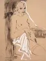 Norbert Wientzkowski, Sitzender weiblicher Akt / Stehender weiblicher Akt, rauchend, 1997, Feder- und Pinselzeichnungen in Tusche auf braunem Papier, partiell weiß gehöht, bzw. auf weißem leichten Karton