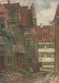 Georg Hesse, Meersburg am Bodensee – Blick von der Kunkelgasse auf den Gasthof Löwen. Wohl Frühes 20. Jh, Öl auf Leinwand, auf Malpappe montiert