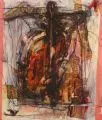 Werner Bielohlawek, Stilleben mit Geige, 1996, Öl, Kohlestift und Collage auf Leinwand