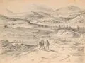 Heinrich Theodor Wehle, (zugeschr.), Weites Gebirgstal mit Wanderern (Russland ?). Wohl um 1802– 1804, Bleistiftzeichnung auf gelblichem Papier