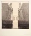 Daniel Greiner, Monumentales Wassertor / Aufsteigender Nebel / Blick auf eine Hügellandschaft, Wohl 1907, Lithografien mit roséfarbenem, grauem bzw. grünem Plattenton auf festem Papier
