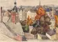 Ernst Günther Neumann, Blick über die Dächer von Dresden (?), 1984, Aquarell über Blei auf Papier